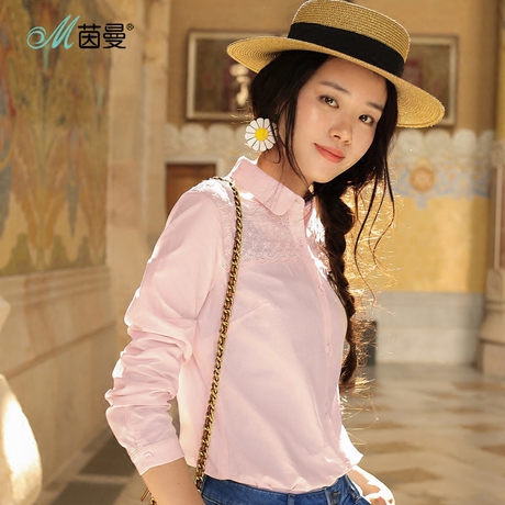茵曼旗舰店纯棉衬衫女装2018秋装新款蕾丝绣花长袖衬衫女上衣寸衫商品大图