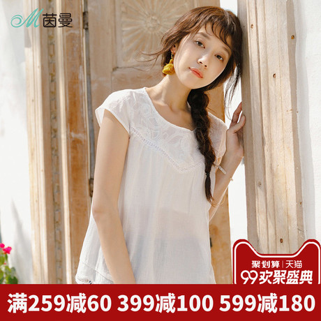 茵曼旗舰店纯棉短袖白衬衫2018夏季新款宽松绣花套头衬衣女装衬衫商品大图