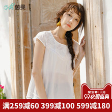 茵曼旗舰店纯棉短袖白衬衫2018夏季新款宽松绣花套头衬衣女装衬衫图片