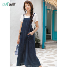 茵曼旗舰店2018夏装新款亚麻吊带连体牛仔背带裙女连衣裙宽松长裙图片