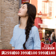 茵曼旗舰店喇叭中袖衬衫夏装2018新款绣花圆领宽松衬衣套头女上衣图片