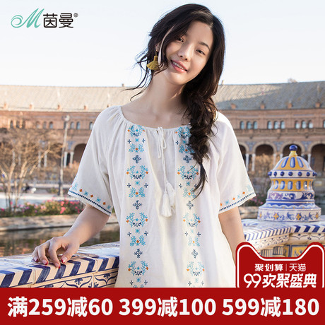 茵曼旗舰店2018夏装新款流苏系带圆领纯棉绣花套头衬衫女衬衣上衣商品大图