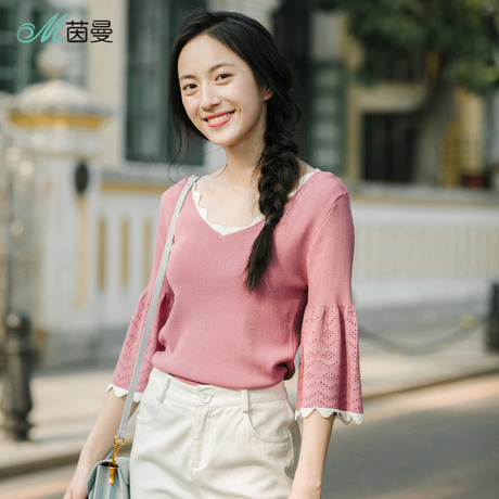 茵曼旗舰店喇叭袖针织衫2018秋装新款V领镂空套头打底衫女薄毛衣商品大图