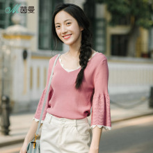 茵曼旗舰店喇叭袖针织衫2018秋装新款V领镂空套头打底衫女薄毛衣图片