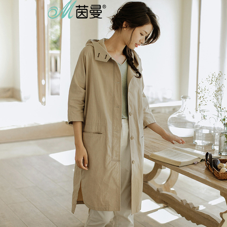 茵曼旗舰店2018秋装新款连帽七分袖棉麻宽松风衣女中长秋秋外套商品大图