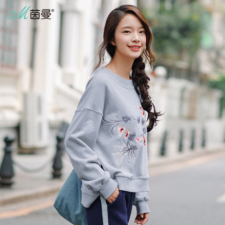 茵曼旗舰店2018秋装新款圆领休闲百搭宽松长袖绣花上衣卫衣女外套商品大图