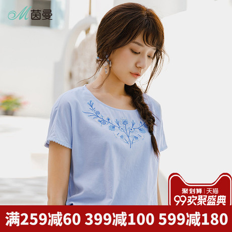 茵曼旗舰店纯棉短袖衬衫2018夏装新款圆领落肩花边袖套头上衣半袖商品大图