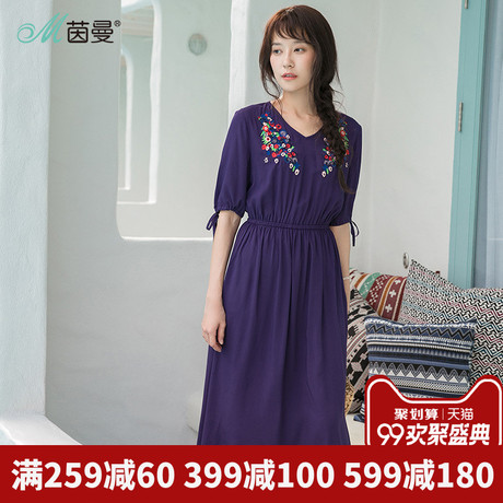 茵曼旗舰店2018夏装小V领绣花收腰短袖A字雪纺连衣裙中长裙垂感裙商品大图