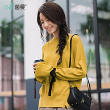 茵曼旗舰店2018秋装新款袖口系带套头圆领针织衫女士下摆开叉毛衣图片