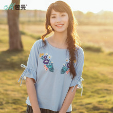茵曼旗舰店蝴蝶结喇叭袖短袖T恤夏装2018新款纯棉绣花衫半袖上衣图片