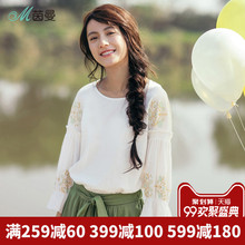 茵曼旗舰店绣花衬衫2018夏季新款圆领宽松七分袖套头衬衣女装上衣图片