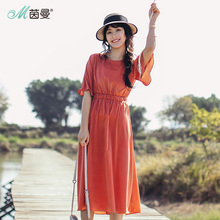 茵曼旗舰店夏季连衣裙2018新款圆领喇叭袖韩版气质中长裙收腰显瘦图片