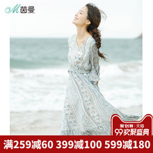 茵曼旗舰店碎花连衣裙2018夏装新款V领蝴蝶结喇叭袖中长裙过膝裙图片