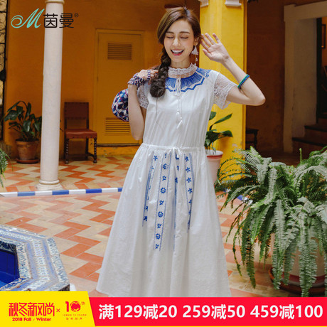茵曼旗舰店无袖纯棉连衣裙2018夏装新款系带圆领民族风绣花中长裙商品大图