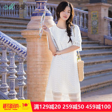 茵曼旗舰店绣花镂空连衣裙女裙2018夏装新款全棉圆领刺绣白色长裙图片