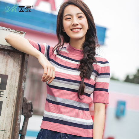 茵曼旗舰店2018秋装新款圆领条纹中袖打底衫修身显瘦针织衫女毛衣商品大图