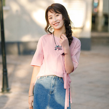 茵曼纯棉短袖T恤女2018夏装新款圆领绣花绑带半截袖上衣宽松体恤图片