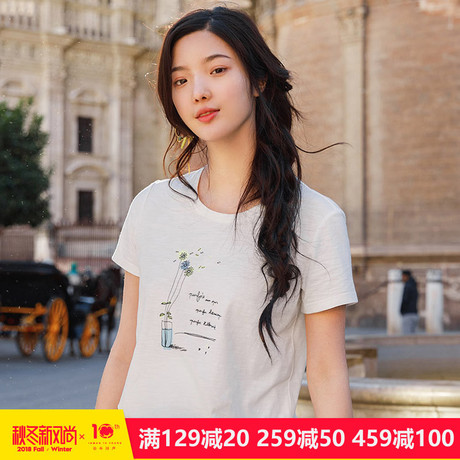 茵曼旗舰店短袖T恤女宽松上衣2018夏装新款小清新印绣花半袖体恤商品大图