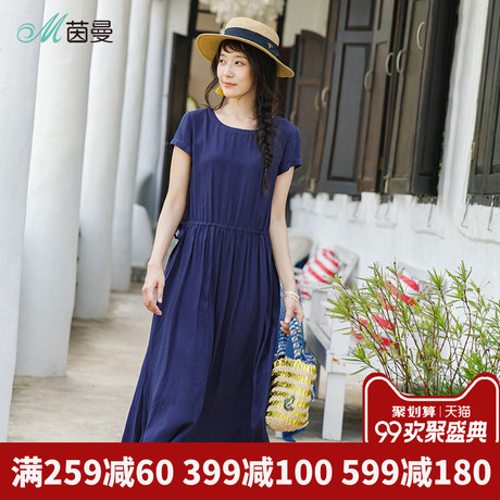 茵曼旗舰店连衣裙2018夏装新款圆领收腰系带显瘦短袖过膝裙中长裙商品大图