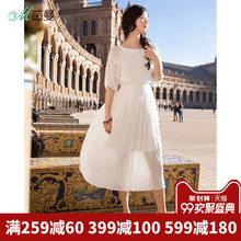 茵曼旗舰店裙子2018夏装新款灯笼袖中袖白色连衣裙百褶裙女中长裙图片