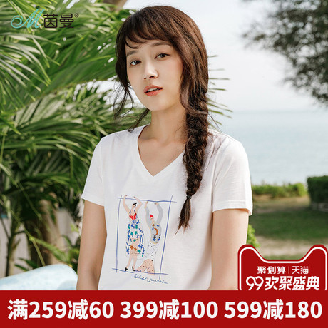 茵曼旗舰店2018夏装新款棉小V领趣味印花韩版短袖T恤ins上衣显瘦商品大图