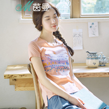 茵曼2018夏装半袖女t桖印花棉质圆领短袖t恤女修身恤衫宽松打底衫图片
