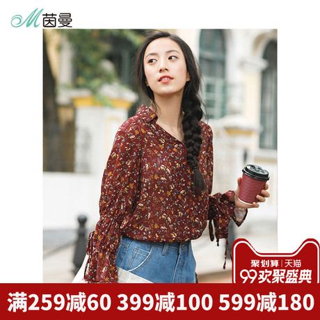 茵曼旗舰店碎花雪纺长袖衬衫秋季2018新款小清新印花衬衣女装上衣商品大图