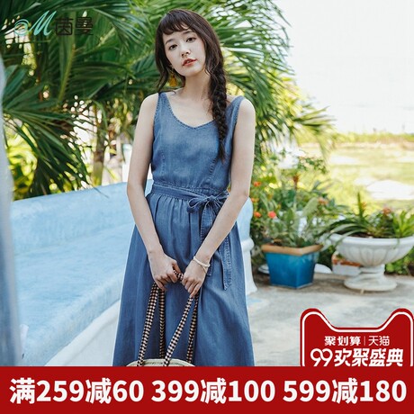 茵曼旗舰店无袖牛仔裙2018夏装新款V领蝴蝶结连衣裙中长裙过膝裙商品大图