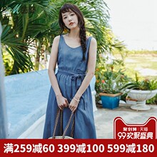 茵曼旗舰店无袖牛仔裙2018夏装新款V领蝴蝶结连衣裙中长裙过膝裙图片
