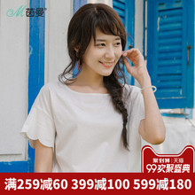 茵曼旗舰店短袖衫女宽松上衣2018夏装新款波浪边袖套头衫女半截袖图片