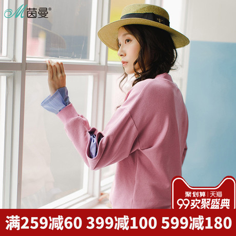 茵曼旗舰店2018秋装新款宽松长袖T恤套头衫ins上衣拼接卫衣女外套商品大图