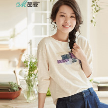 茵曼旗舰店2018秋装新款印花宽松圆领七分袖T恤上衣女打底衫体恤图片