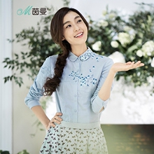 茵曼旗舰店女装棉麻衬衫2018秋装新款印绣花棉长袖衬衫衬衣女寸衫图片