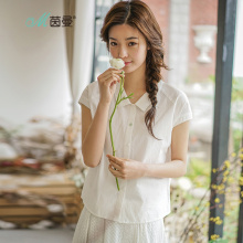 茵曼旗舰店棉麻衬衫夏季女装2018新款纯棉绣花短袖衬衣上衣女寸衫图片