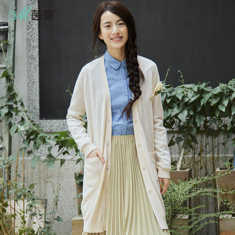 茵曼旗舰店2018春季新款V领宽松中长款空调针织开衫毛衣女薄外套商品大图