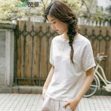 茵曼旗舰店棉麻衬衫上衣2018夏季新款镂空蝙蝠袖亚麻短袖衬衣寸衫图片