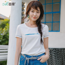 茵曼旗舰店短袖T恤衫2018夏装新款圆领印花半截袖上衣百搭体恤潮图片
