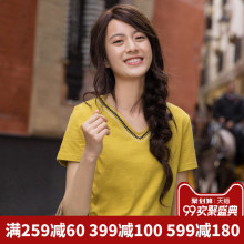 茵曼旗舰店短袖T恤女上衣2018夏装新款绣花V领半截袖女宽松体恤衫图片