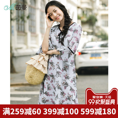 茵曼旗舰店2018秋装新款V领蝴蝶结绑带碎花喇叭袖连衣裙中长裙商品大图