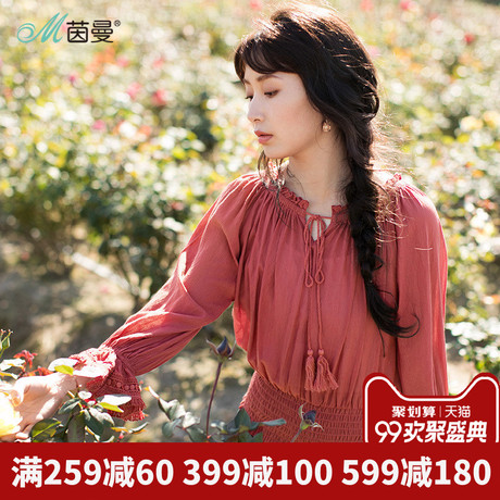 茵曼旗舰店2018秋装新款一字领系带花瓣袖宽松套头衬衣女衬衫上衣商品大图