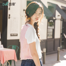 茵曼旗舰店格子短袖T恤女上衣宽松2018夏装新款莫代尔半截袖体恤图片