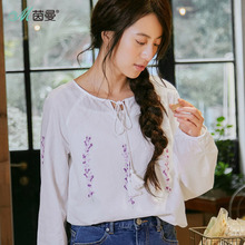 茵曼旗舰店2018秋装新款女装圆领系带长袖套头绣花衬衣女上衣衬衫图片