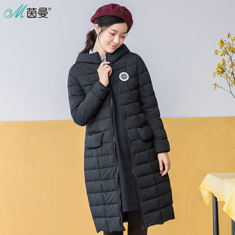 【反季清仓】茵曼2018冬装新款修身连帽保暖羽绒服女长款过膝商品大图