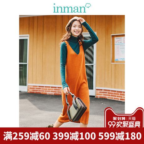 inman茵曼旗舰店V领无袖中长款针织连衣裙2018秋装新款背心裙长裙商品大图