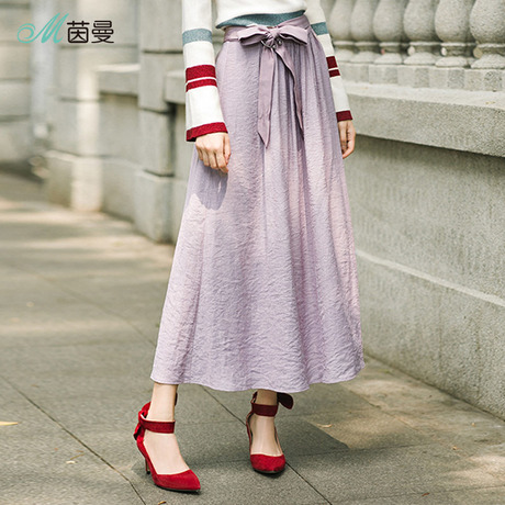 茵曼旗舰店半身裙2018秋冬装新款显瘦半截裙配腰带A字裙女中长裙商品大图
