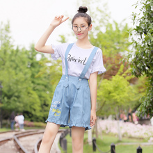 西子小荷怪兽背带裤女春秋2018新款宽松韩版初中学生少女牛仔短裤图片