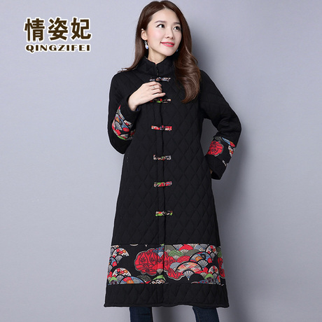 中国风棉衣中长款秋冬民族风大码女装复古拼接加厚棉麻外套女大衣商品大图