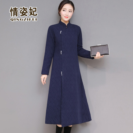 中式唐装茶服禅意连衣裙秋冬中国风女装改良汉服旗袍长袍棉麻外套商品大图