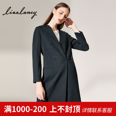 LIAA俪雅秋装新款中长款大衣简约宽松V领灰色通勤羊毛风衣外套女