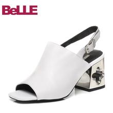 夏专柜同款 BPD30BL7 牛皮粗高跟后空女鞋 百丽凉鞋 Belle